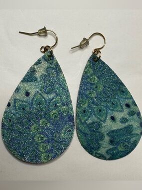 Blue-Green Glitter Teardrop Earrings - Unbranded